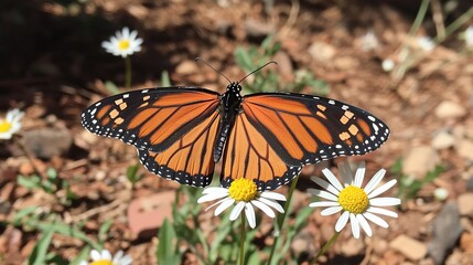 Fototapeta premium Monarch butterfly garden daisies sun nature wildlife