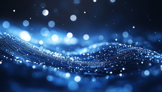 Futuristic Blue Tech Background, Flowing Pattern of Digital Circuits and Bright Lightpoints
