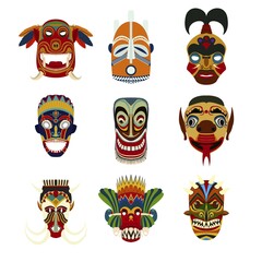 Vector tribal masks set, isolated objects over white background