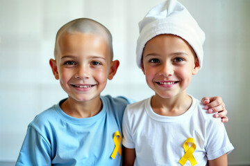 Bald child boy and child girl wearing yellow cancer ribbon. Concept of cancer awareness.