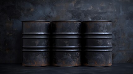 Several dark metal barrels stacked against a textured wall create a striking industrial aesthetic in a dimly lit environment