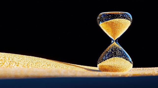 Hourglass on shimmering sand illustrating the passage of time in a serene and minimalistic setting