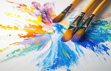 Obraz premium Colorful Paintbrushes with Vibrant Wing Artwork on White Background