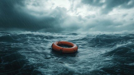 Obraz premium Stormy ocean scene featuring a lone orange life buoy drifting in turbulent waters under dark clouds