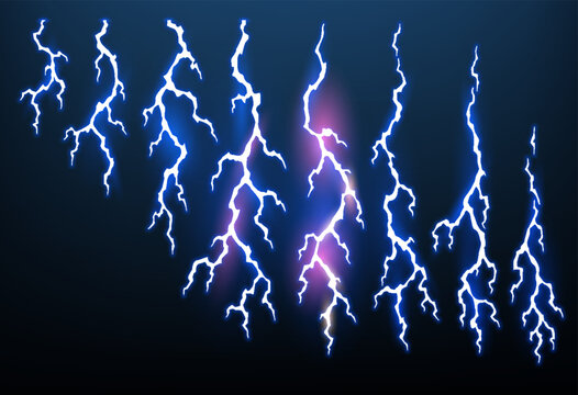 Lightning animation set with sparks. Electricity thunderbolt danger, light electric powerful thunder. Bright energy effect, vector illustration