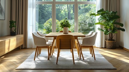 Fototapeta premium Cozy Scandinavian dining area with natural light and wooden furniture, 8K high resolution with copy space