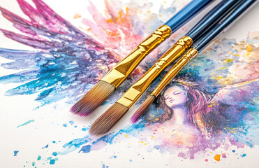 Obraz premium Colorful Paintbrushes with Vibrant Wing Artwork on White Background