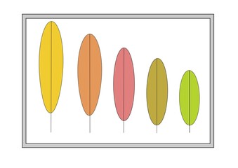 Leaves in different sizes and colours, background light grey frame