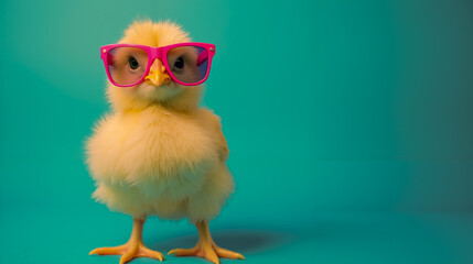 A small yellow chicken wearing pink sunglasses on a blue background
