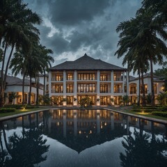 Obraz premium A stunning ultra-wide estate with water features mirroring the raindrops.