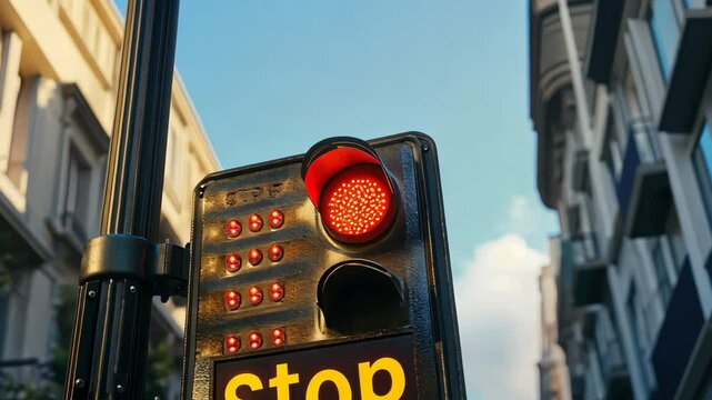 Urban traffic signal transition: red light stops city movement at busy intersection