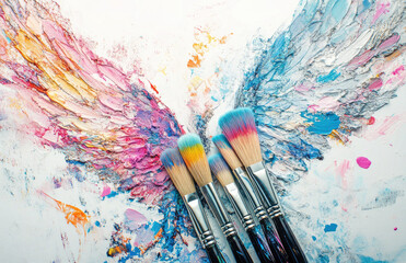 Fototapeta premium Colorful Paintbrushes with Vibrant Wing Artwork on White Background