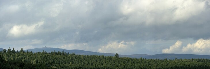 Panorama of the Harz Mountains in the eastern part, links of the Brocken, Harz, Saxony-Anhalt,...