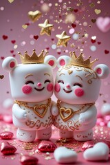 Obraz premium Adorable Couple of Marshmallow Bears Celebrating Love with Hearts and Star Confetti