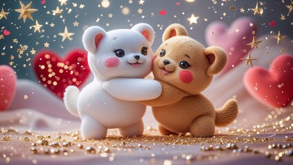 Obraz premium Two Cute Teddy Bears Hugging Surrounded by Hearts Stars and Golden Glitter