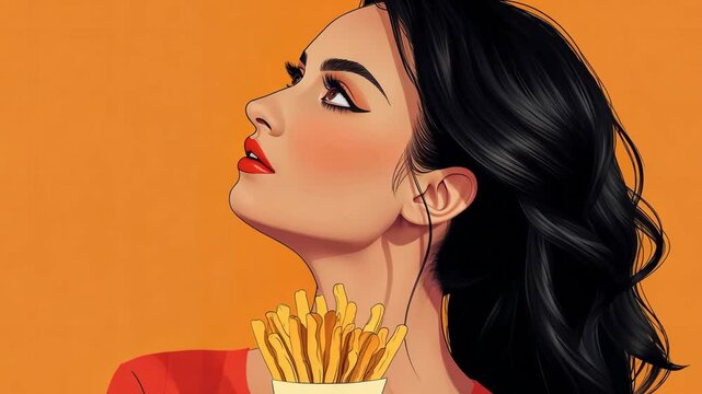 Woman pondering with fries against orange background in artistic sequence