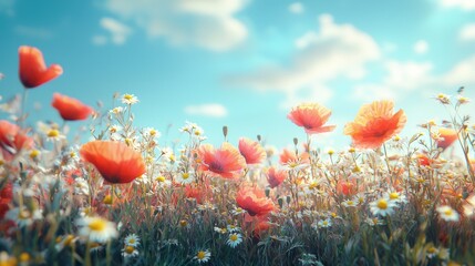 Obraz premium In a stunning display, a lively meadow teems with bright red poppies dancing in the gentle breeze, accompanied by cheerful daisies, all beneath a clear blue sky and fluffy clouds