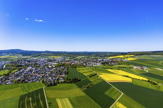 Drone shot, agriculture with cereal fields and flowering rape fields, Usingen, Schwalbach, Hochtaunuskreis, Hesse, Germany, Europe