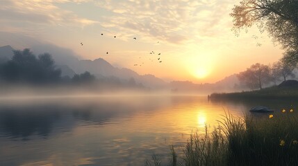 Obraz premium A serene lake at sunrise with soft mist rising from the surface. picture