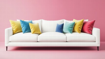 A white  large sofa with a set of colorful pillows isolated on the plain pink background, scandinavian style