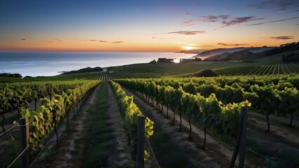 Fototapeta premium AI generated panoramic view of a coastal vineyard with ocean in the background in ambient light