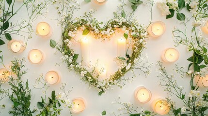 Heart Shaped Floral Wreath With Lit Candles On White Background