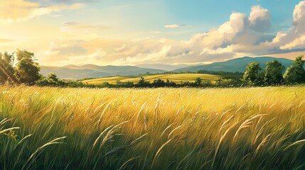 A serene meadow with tall grass swaying in the breeze and distant hills picture