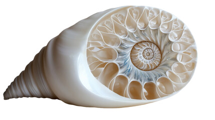 Obraz premium Close Up of Intricate White and Blue Spiral Seashell on Black Ba