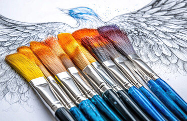 Obraz premium Colorful Paintbrushes with Vibrant Wing Artwork on White Background
