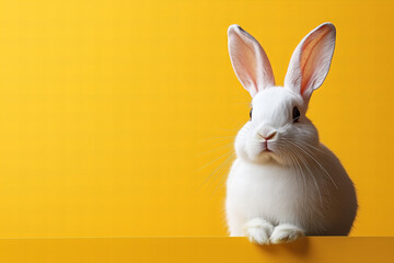 Obraz premium Cute white bunny rabbit with blue ears sitting on yellow background minimalist studio