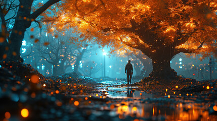 Fototapeta premium autumn leaves on the ground bokeh blur miature