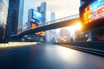 Fototapeta premium A futuristic elevated bridge crossing a smooth asphalt road, with modern skyscrapers reflecting the sunlight and digital billboards illuminating the urban landscape.