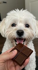 Adorable white fluffy dog excitedly looking at a piece of chocolate, symbolizing pet curiosity and danger, highlighting toxic food risks for dogs and responsible pet care awareness  
