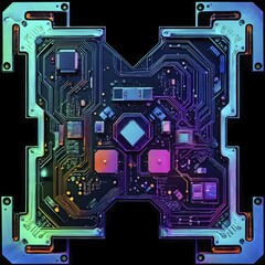Fototapeta premium Birds eye view of a circuit board in vivid colored paths and connections, AI generated