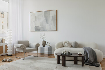 Stylish interior with abstract art, a sculptural vase, and a soft, neutral palette. A serene and modern design aesthetic.