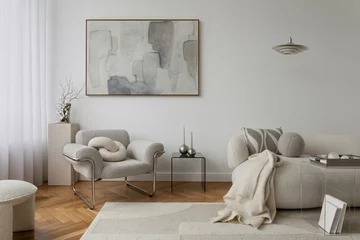 Fotobehang Hotel chique Bright living room with abstract art, a textured armchair, and sculptural decor. A perfect harmony of art and comfort.  © FollowTheFlow
