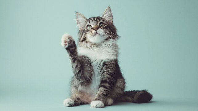 A fluffy kitten with a raised paw, sitting against a teal background, AI generated