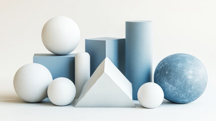 Minimalist pastel 3D geometric shapes (cube, sphere, cylinder) on light background. Bussines template. Generative AI