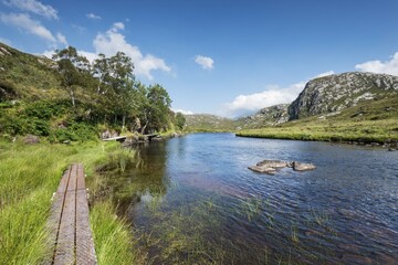 Fototapeta premium Fishing boardwalk at the Laxford river, Sutherland, Scotland, United Kingdom, Europe