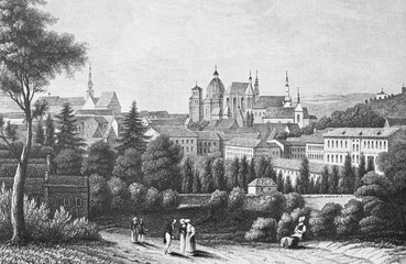 Historic cityscape, steel engraving, Aachen 1835, Germany, Europe