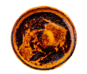 A closeup shot of a ceramic cup of black coffee with many small bubbles, Directly above view