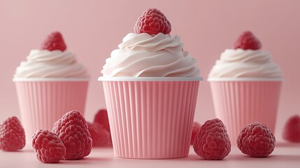 Three pink frosted cupcakes with raspberry topping in a pastel-colored background
