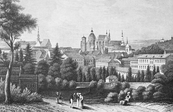 Historic cityscape, steel engraving, Aachen 1835, Germany, Europe