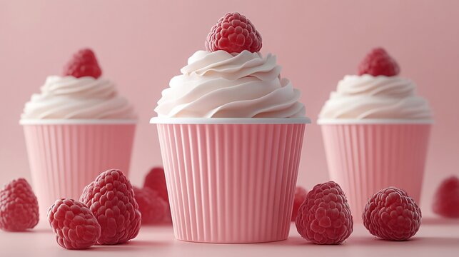 Three pink frosted cupcakes with raspberry topping in a pastel-colored background
