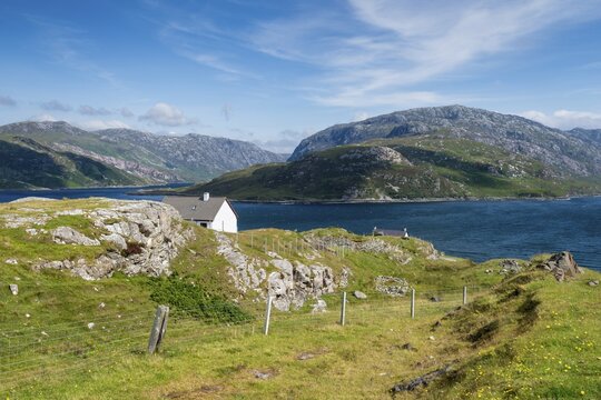 Holiday cottage at Unapool with views across Loch Glencoul in the Northern Highlands, Sutherland, Scotland, United Kingdom, Europe