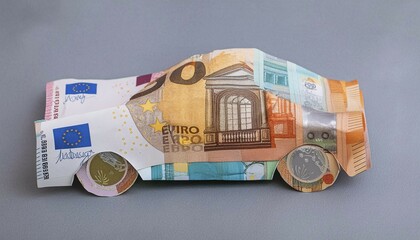 Symbol photo, a car, sports car, built from European banknotes, euro, AI generated, AI generated
