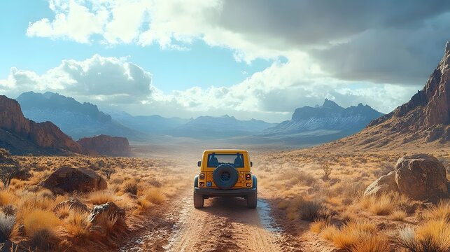 Adventure-ready vehicle making its way across rugged wilderness with rocky hills and distant mountains, 8K high resolution with copy space