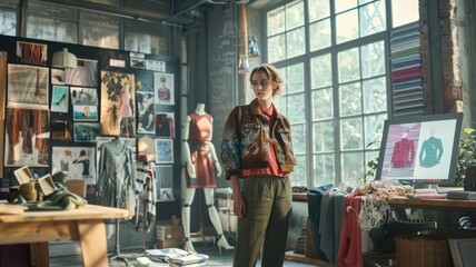 A fashion designer in an eclectic workspace with an AI assistant as a digital mood board displaying fabric swatches and design elements. Natural light from large windows creates an inspiring