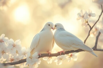 Fototapeta premium Two doves sit closely on a flowering branch, surrounded by soft, warm light. The scene captures the essence of peace and harmony in a serene, natural setting