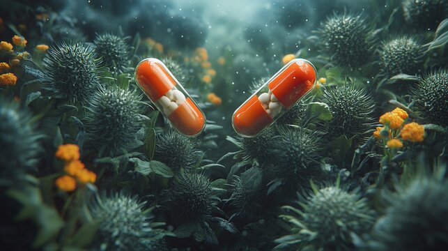 Conceptual visual of healthy versus unhealthy cells with pharmaceutical and medical imagery
